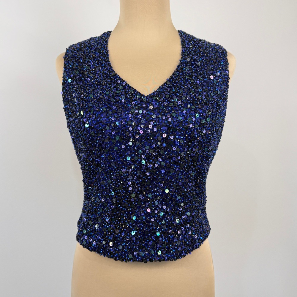 Maria Pinto Couture Beaded Sequin Vest Women Size 8 Lapis Blue Evening Glam